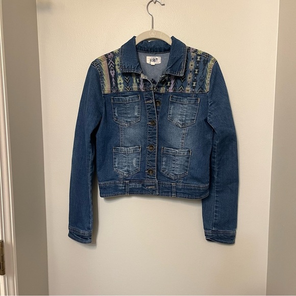 JOLT Womens Denim Jean Jacket Size S Short Style Stretch Panel Design Aztec EUC - Picture 1 of 9